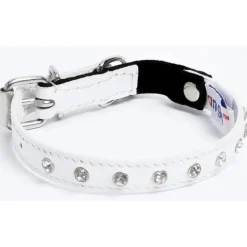 Katthalsband Genuine Leather med Srass Vit