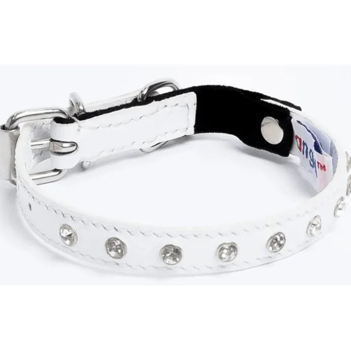 Katthalsband Genuine Leather med Srass Vit