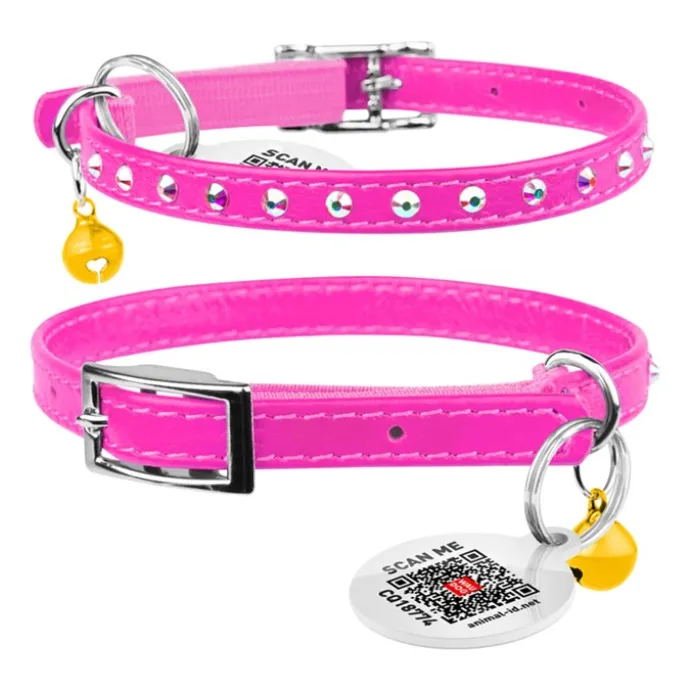 Katthalsband Läder Glamour Strass Rosa