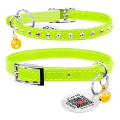 Katthalsband Läder Glamour Strass Lime