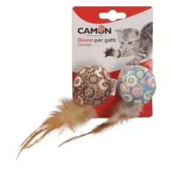 Kattleksaker Tygbollar i blommigt tyg m fjäder 2-pack