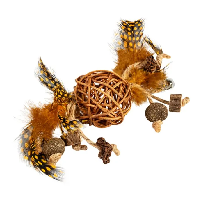 kattleksak naturlig korgboll med klocka och fjädrar